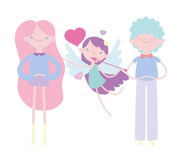 Happy valentines day, young couple flying cupid with arrow and hearts love — Vector de stock