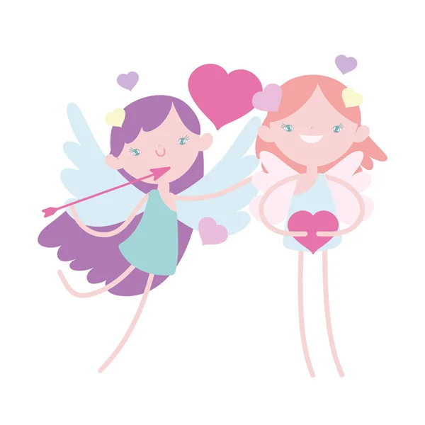 Happy valentines day, funny cupids with hearts arrow cartoon — Vector de stock