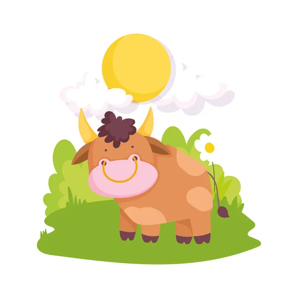 Cute bull flowers grass sun farm animal cartoon — Vetor de Stock