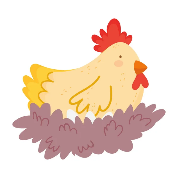Hen chicken with eggs in the nest farm animal cartoon — Image vectorielle