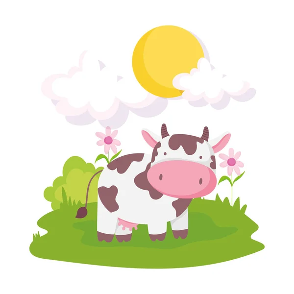 Cute cow livestock flowers grass sun farm animal cartoon — Wektor stockowy