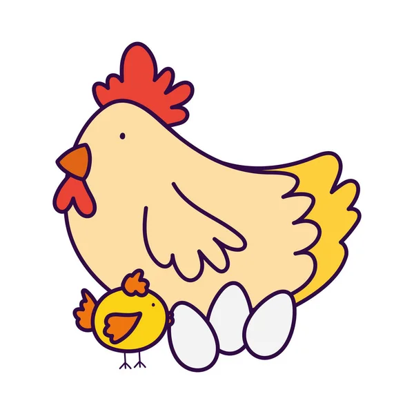 Cute hen chicken and eggs farm animal cartoon — Vetor de Stock