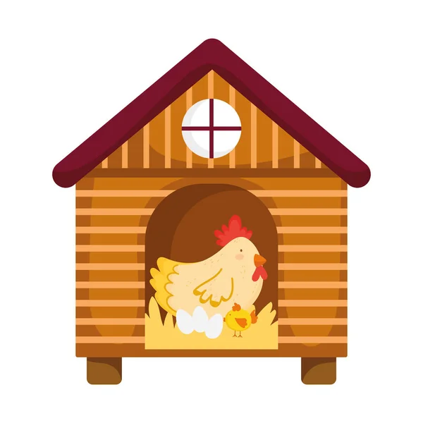 Hen chicken and eggs in wooden house farm animal cartoon — 图库矢量图片