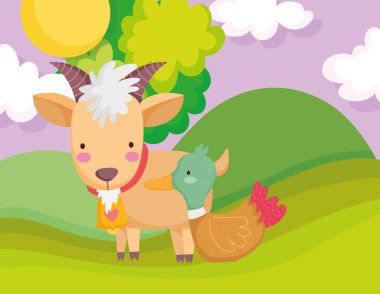goat with bell duck field tree sun farm animal cartoon