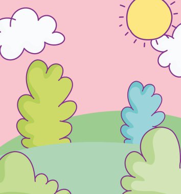 landscape bushes meadow sky clouds sun cartoon
