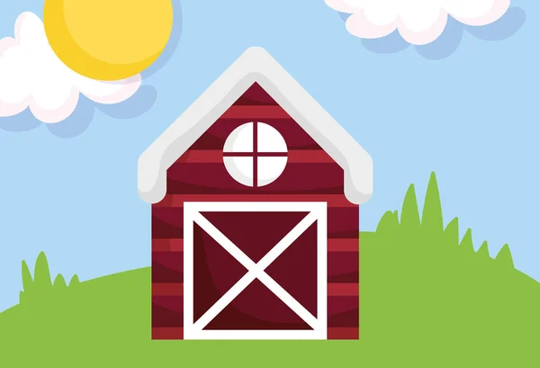 Wooden barn meadow sun clouds farm cartoon — Image vectorielle