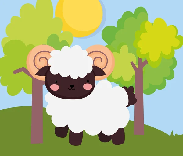 Ram trees meadow sun farm animal cartoon — Stock vektor