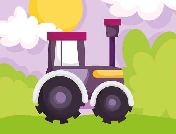 Tractor truck machine grass sun clouds farm cartoon — Stock Vector