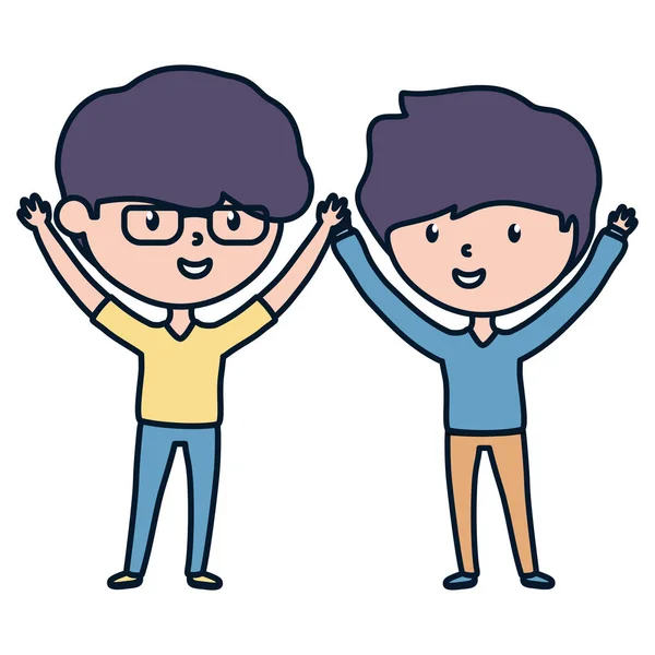 Young men cartoon standing celebrating hands up — Vector de stock