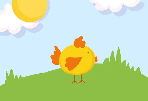 Cute chicken in the grass sun clouds farm animal cartoon — Stockvector
