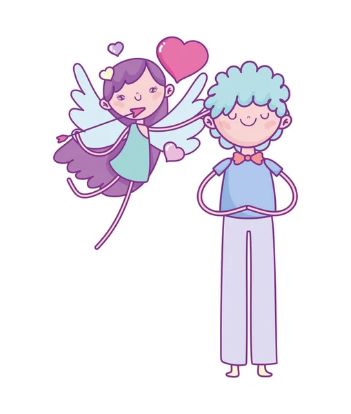 Happy valentines day, young man and cute cupid with heart and arrow — Stockvector
