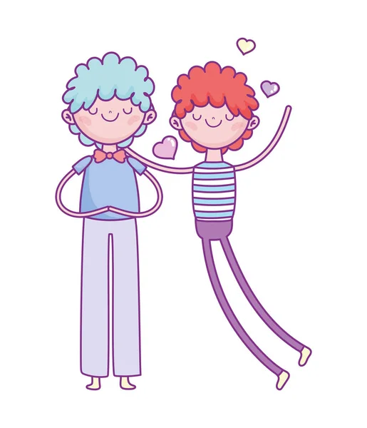 Fröhlicher Valentinstag, junge Männer feiern Herzen Liebe Cartoon — Stockvektor