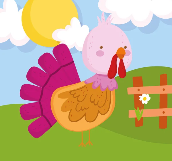 火鸡花木栅栏太阳农场动物卡通画 — 图库矢量图片