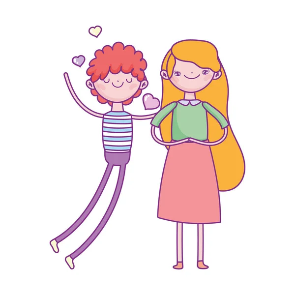 Happy valentines day, in love young couple hearts cartoon — Stockový vektor