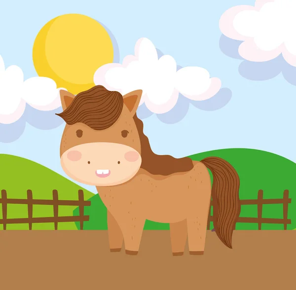 Paard hek veld zon heuvels boerderij dier cartoon — Stockvector