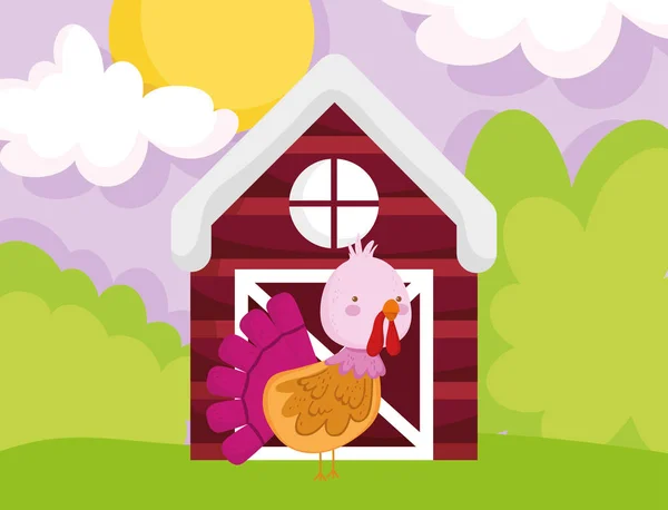 木制谷仓和火鸡牧场动物卡通片 — 图库矢量图片