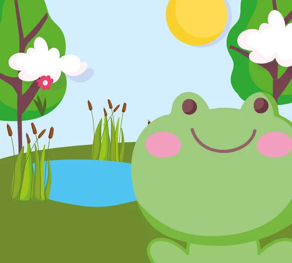 Frog flower trees lake farm animal cartoon — Stock Vector