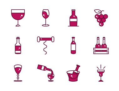 şarap kutlaması içecek parti ikonları koleksiyon hattı ve doldurulmuş