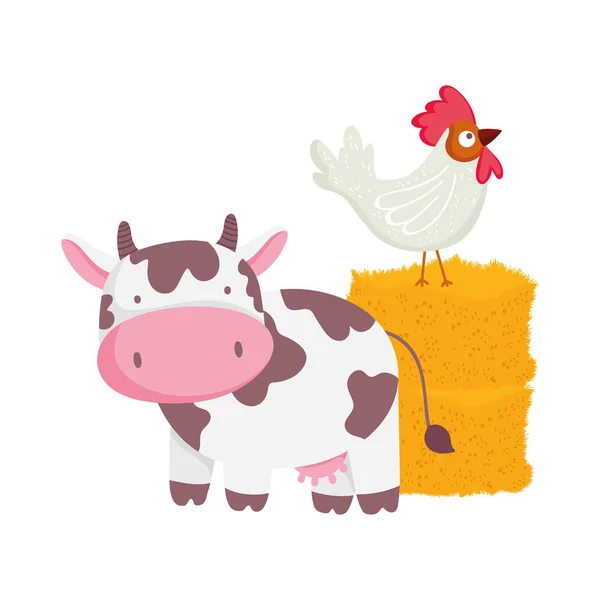 干し草の柵の農場の動物の漫画の牛と鶏 — ストックベクタ