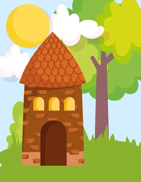 Casa árvore grama sol nuvens fazenda desenho animado — Vetor de Stock