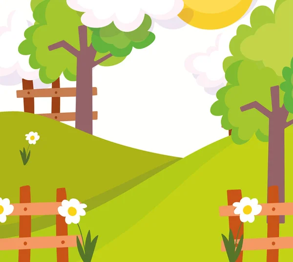 园林绿化木篱笆花卉树木自然树木云彩阳光 — 图库矢量图片