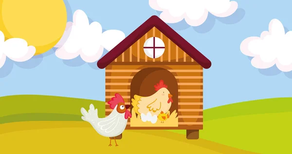 House hen rooster chicken and eggs farm animal cartoon — 图库矢量图片