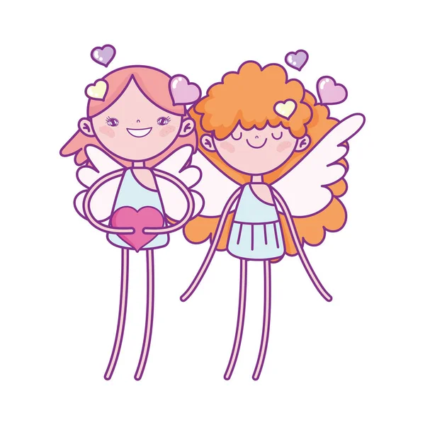 Happy valentines day, cute cupids with hearts feeling romantic cartoon — 스톡 벡터