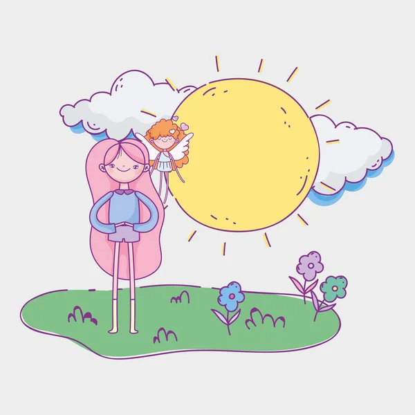 Szczęśliwy Walentynki, słodkie dziewczyny i latający Kupidyn trawa kwiaty chmury słońca — Wektor stockowy