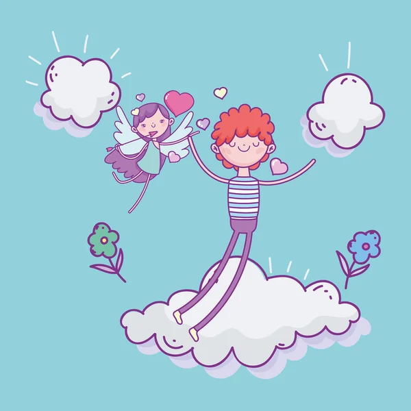 Glad Alla hjärtans dag, söt pojke i kärlek och cupid moln blommor romantisk — Stock vektor