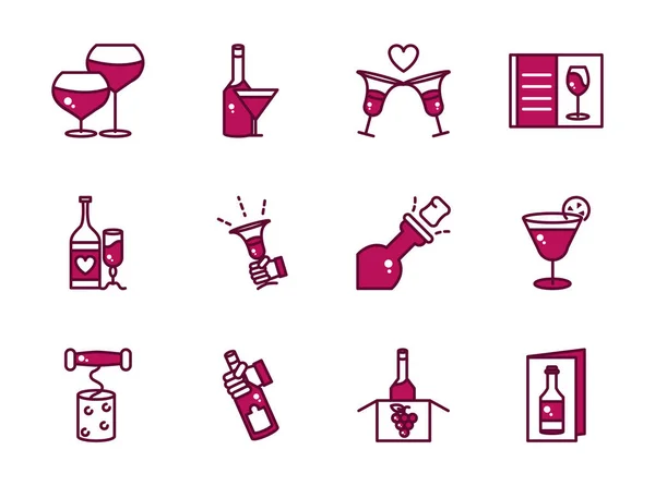 Wine celebration drink drink drink drink party icons collection line and filled. — Vector de stock