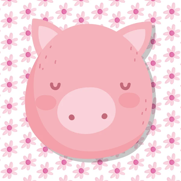 Cute face pig farm animal cartoon flowers background - Stok Vektor
