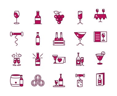 şarap kutlaması içecek parti ikonları koleksiyon hattı ve doldurulmuş