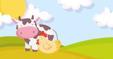 At ve tavuk tarlası gökyüzü güneş bulutları çiftlik hayvanı çizgi filmi