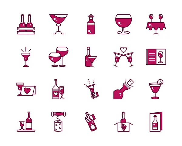 ワインお祝いドリンクパーティーイベントのアイコンコレクションラインと記入 — ストックベクタ