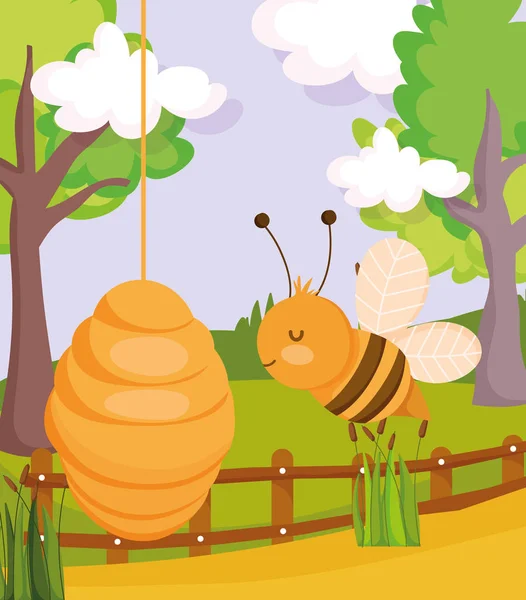 Abelha favo de mel cercas árvores plantas fazenda animal desenho animado — Vetor de Stock