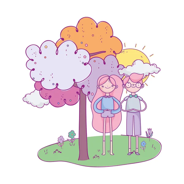 Feliz dia dos namorados, jovem copulo no dia ensolarado árvore de campo — Vetor de Stock