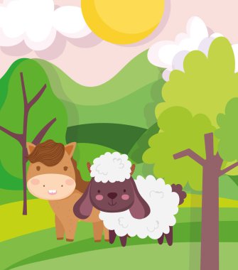 horse and sheep field trees sky sun clouds farm animal cartoon