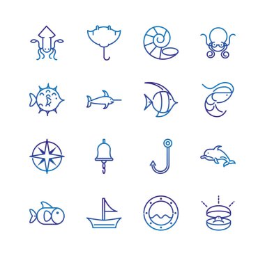 Deniz canlıları ve ekipmanlar kalın çizgi mavi ikonlar