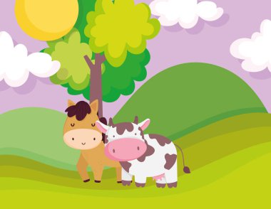 At ve inek tepeleri ağaç güneş çiftliği hayvan çizgi filmi