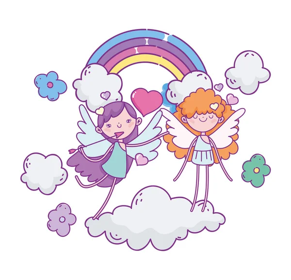 Feliz día, los personajes de las copas voladoras nublan las flores arco iris. — Vector de stock