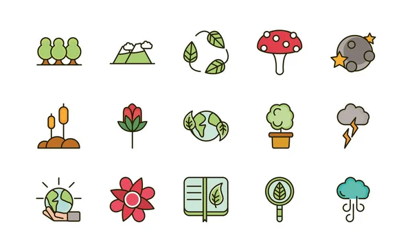 Natureza folhagem botânica ecologia desenho ícones conjunto —  Vetores de Stock