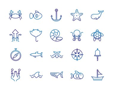 Deniz canlıları ve ekipmanlar kalın çizgi mavi ikonlar