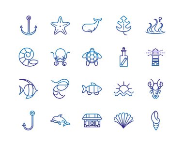Deniz canlıları ve ekipmanlar kalın çizgi mavi ikonlar