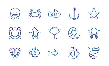 Deniz canlıları ve ekipmanlar kalın çizgi mavi ikonlar