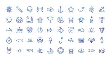 Deniz canlıları ve ekipmanlar kalın çizgi mavi ikonlar