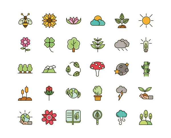 Natura fogliame botanica ecologia disegno icone set — Vettoriale Stock