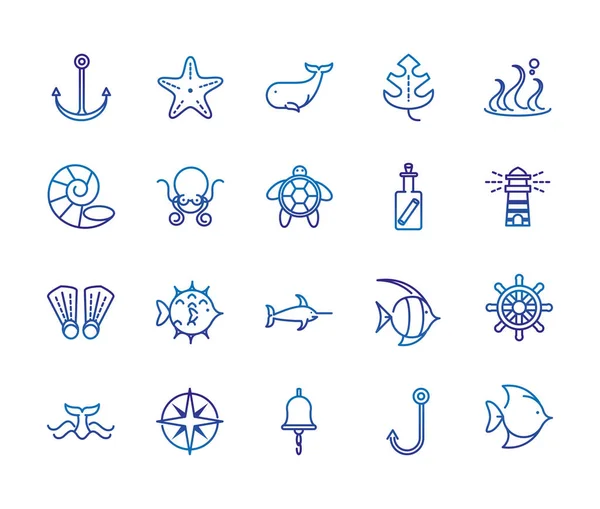 Tengeri élővilág tengeri állatok és berendezések vastag vonalú kék ikonok — Stock Vector