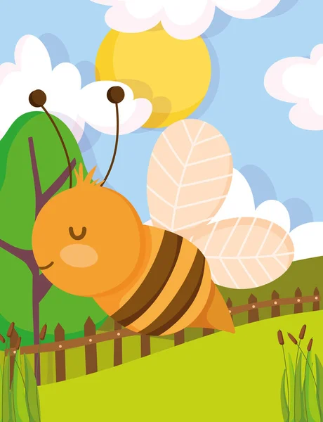 Bee wooden fence grass tree sun farm animal cartoon — Image vectorielle