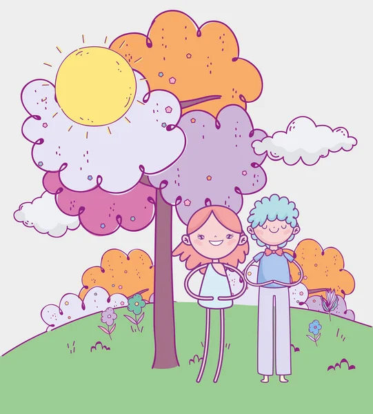 Día feliz, hombre joven y tibio en el campo de las nubes de sol arbóreas. — Archivo Imágenes Vectoriales