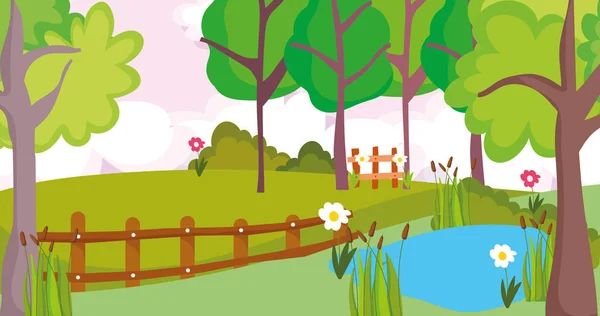 自然景观树木湖泊花卉篱笆云彩阳光 — 图库矢量图片